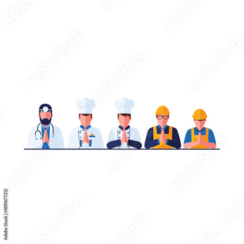 A group of essential workers, including a doctor, chefs, and construction workers, showing a gesture of respect and gratitude.