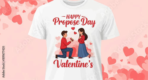 Man proposing to woman on valentine's day illustrated on white shirt with red hearts in background