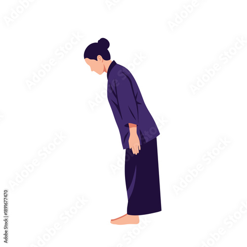 A person in traditional dark blue Japanese attire stands barefoot and performs a deep, respectful bow as a form of greeting.