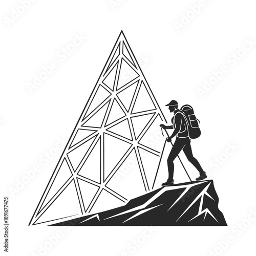 Hiker Conquering Mountain Peak Symbolizing Achievement and Adventure