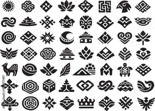 Abstract black and white cultural ornaments and ancient geometric shapes collection.