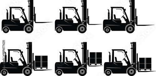 Black and white silhouette vector set of industrial forklifts lifting cargo pallets and heavy boxes for warehouse logistics shipping transport and distribution center operations
