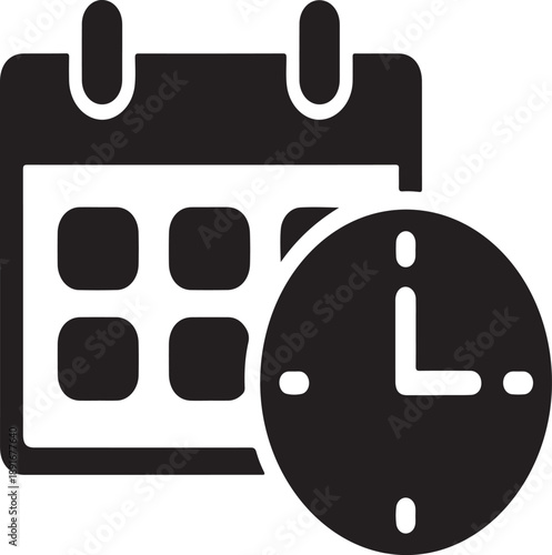 A simple black glyph depicting a calendar alongside a clock representing scheduling time management appointments and deadlines high-quality professional detailed modern elegant stylish clean