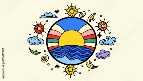 Colorful earth planet with nature elements and weather icons flat design illustration