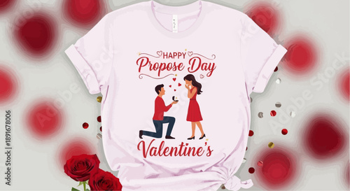 White t shirt with happy propose day valentine's design man proposing to woman red roses and hearts on gray background