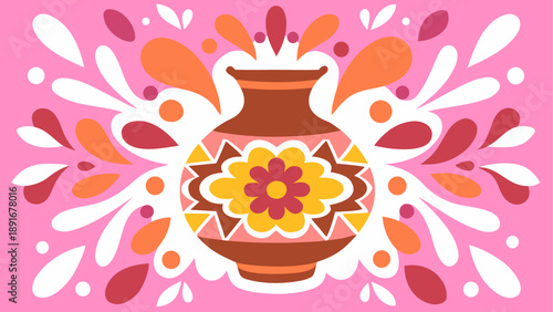 Colorful floral ceramic vase illustration with vibrant petals and abstract background design elements