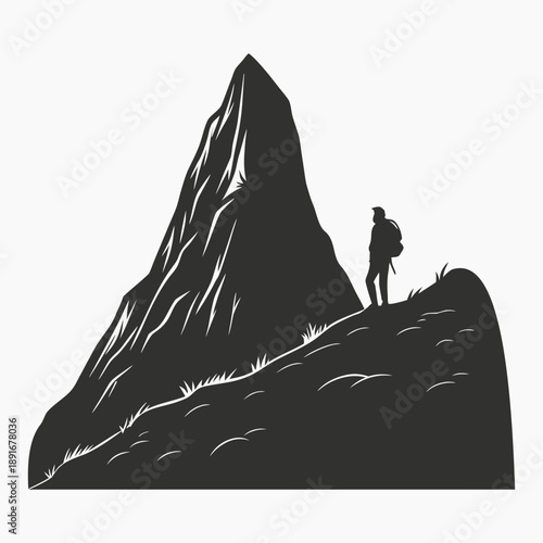 Silhouette of Hiker Conquering a Mountain Peak at Summit