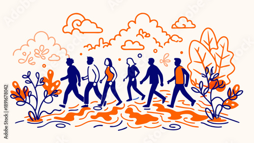 Diverse team walking together in growth journey with nature elements and success symbols illustration