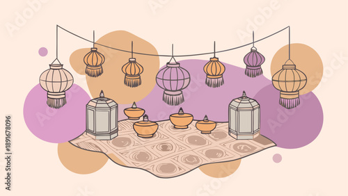 Festive Lantern Setup with Cups and Traditional Table Decor