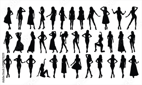 Female Silhouette Poses Collection, Fashion Women Standing and Dancing Figures Vector