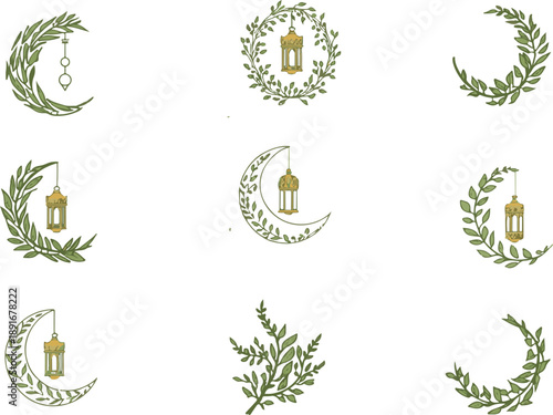 Foto Islamic Eid festival greenery wreath with golden lantern elements