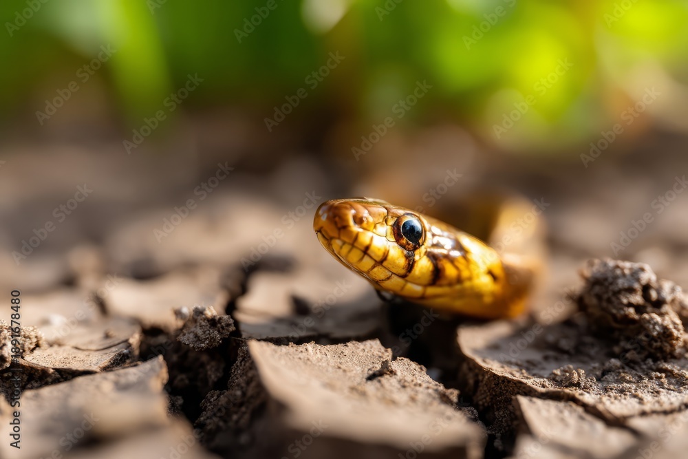 Obraz premium Shimmering Snake on Cracked Dry Ground with Eye-Catching Scales