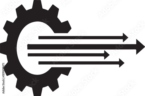 A striking black and white graphic depicts a gear with multiple horizontal lines extending outwards symbolizing progress innovation and forward movement high-quality professional detailed