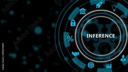 Digital infographic diagram with Inference text and technology icons on dark background natural language processing, 4k video