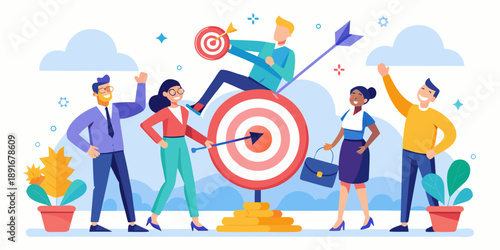 Successful business achievement and goal targeting with professional team celebrating milestone around large red target with arrows representing precision and corporate performance