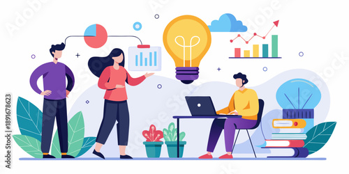 Creative idea generation and brainstorming process with business team working under glowing lightbulb to find innovative solutions and project insights during corporate workstation