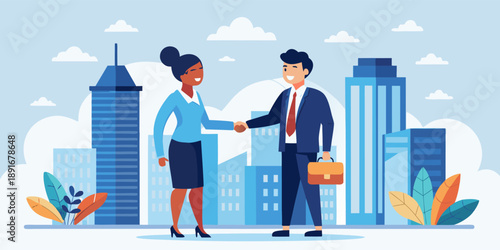 Two business professionals, a woman and a man, shake hands in front of modern city skyline with tall buildings and clouds symbolizing partnership and urban development