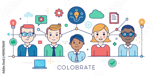 Diverse group of five business people, three men and two women, collaborate on project with central idea bulb, gear, and document icons symbolizing teamwork and innovation