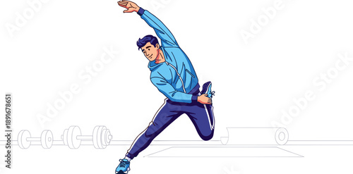 Stretching exercise, fitness routine, athletic posture, gym equipment, dynamic warm-up, physical health, workout preparation, active lifestyle, balance training, flexibility movement, exercise mat