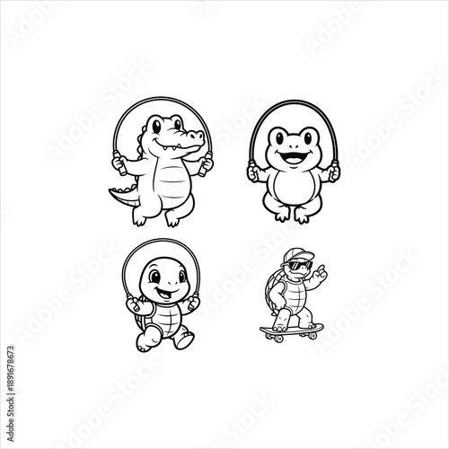Cute Sports Animal Characters Skipping Rope and Skateboarding Vector Illustration