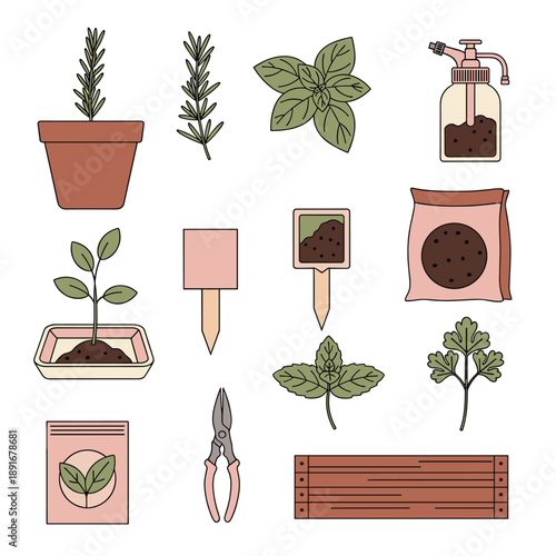 An icon set for an herb garden, featuring potted herbs like rosemary and mint, seed packets, soil, and gardening shears.