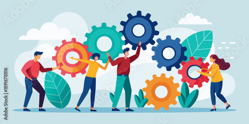 Team of business people working together to assemble giant gears symbolizing teamwork cooperation and problem solving in a collaborative environment vector illustration