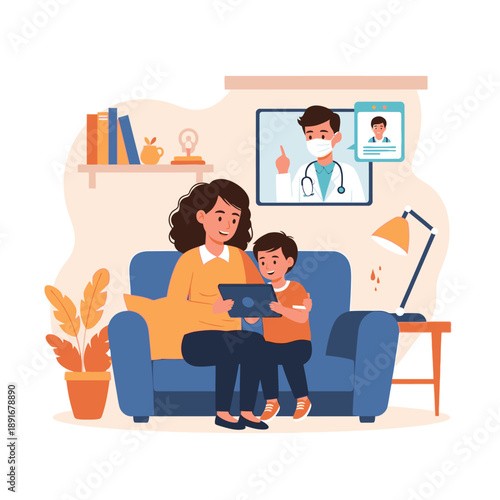 Mother and son having online consultation with doctor at home.