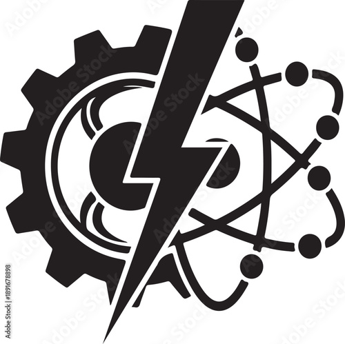 A striking black silhouette depicts a fusion of mechanical and electrical components incorporating gears a lightning bolt and atomic structures high-quality professional detailed modern