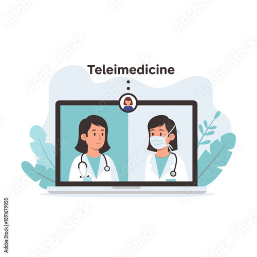 Telehealth consultation between two doctors on a laptop screen.