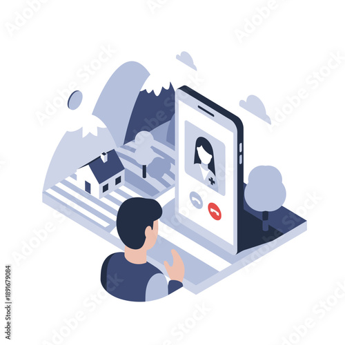 Man video calling on mobile phone with landscape background.