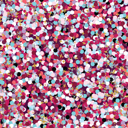 polka dots in pink, blue, white color circles, black foil with golden and silver glitter hand drawn background, banner, poster, texture template.