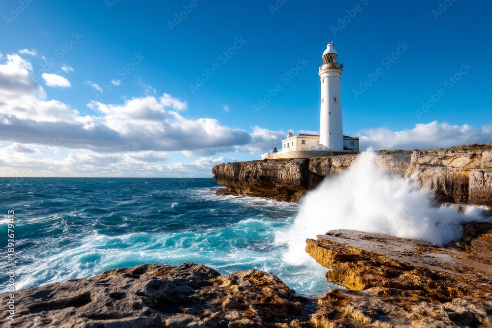 Obraz premium Majestic Lighthouse Standing Alone on Cliff Overlooking Turbulent Waves Below