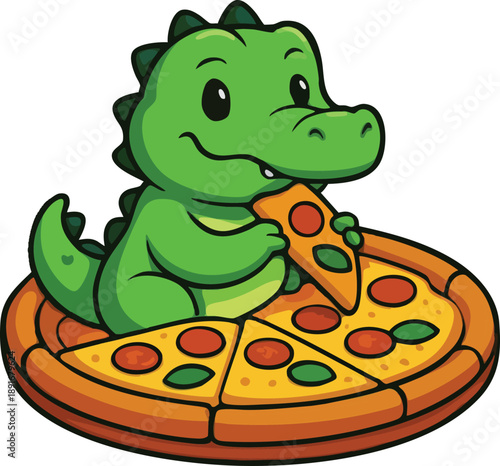 Cute cartoon alligator sitting in a pepperoni pizza and eating a slice.
