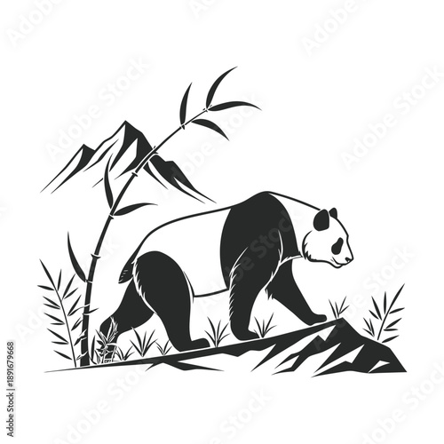Panda in Bamboo Forest Silhouette in Minimalist Wildlife Illustration