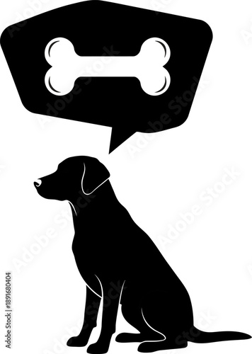 A dog sitting with a speech bubble containing a bone