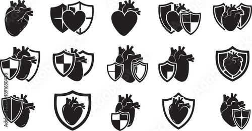 Heart and shield icons for protection and health concepts