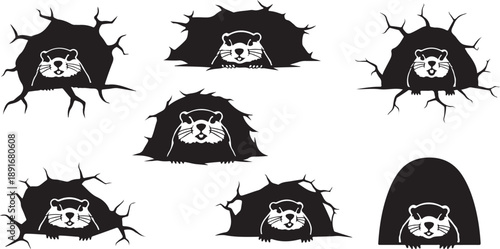 Hedgehogs peeking out from holes in the ground illustration