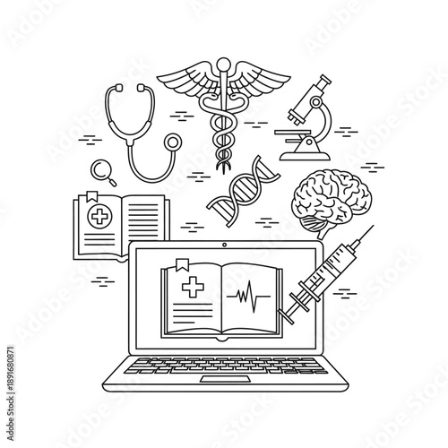Medical and healthcare symbols surrounding a laptop with medical book on screen.