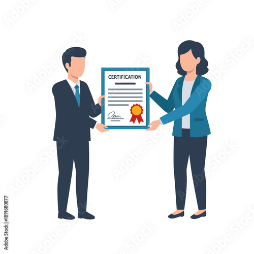 Man and woman exchanging a certificate document.