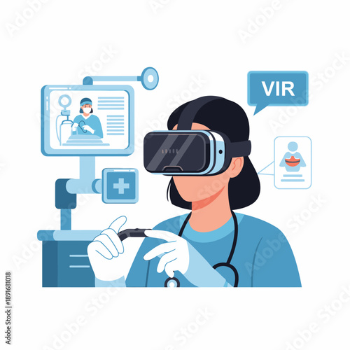 Woman using virtual reality headset for medical training or simulation.
