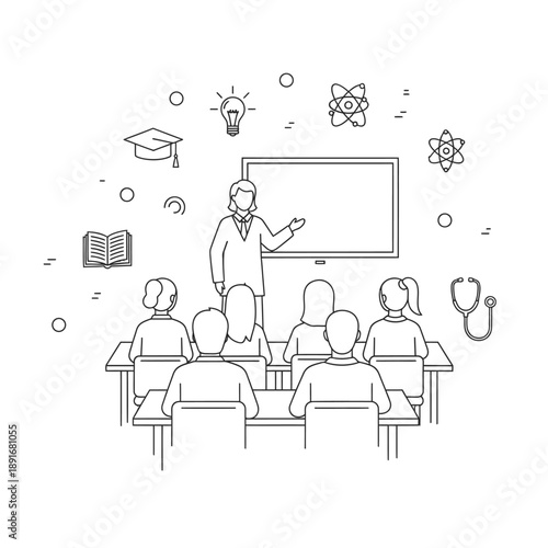 Medical students learning from a teacher in a classroom setting.