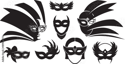 Collection of black Venetian masks on white background illustration