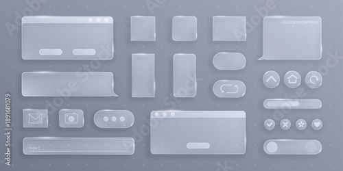 Vector glassmorphism UI elements with transparent interface panels, buttons, sliders and icons on dark background. Clean futuristic design ideal for apps, dashboards and web interfaces.