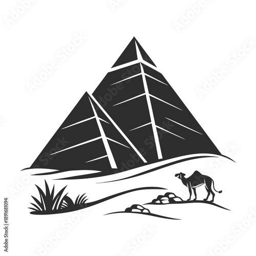 Desert Pyramids with Camel Silhouette in Minimalist Travel Illustration