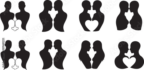 Silhouettes of loving couples in various romantic poses together