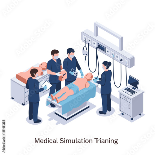 Medical professionals conducting simulation training in a clinical setting.