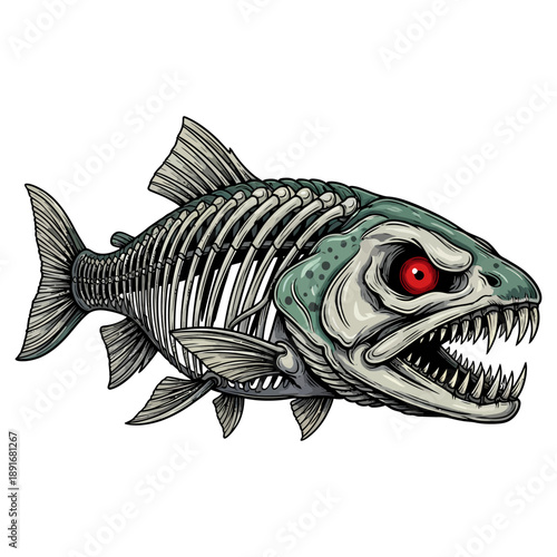 trout skeleton fish with glowing red eyes and sharp teeth on white background