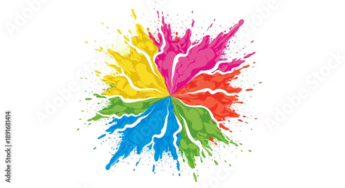 Vibrant paint splatter explosion with colorful liquids radiating from center, viewed from directly above, showcasing dynamic creativity and artistry