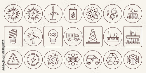 Collection of environmental and energy icons representing renewable energy sources, conservation, and sustainable technology