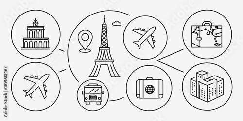Journey and Tourism Concept with Connected Line Icons Representing Global Travel Destinations, Transportation, and Luggage, Centered Around Famous Landmark